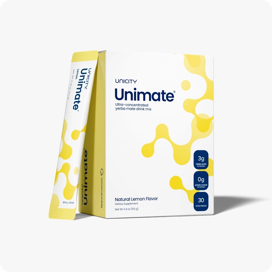 The current Unimate Natural Lemon 30-count box with one stick pack leaning against it